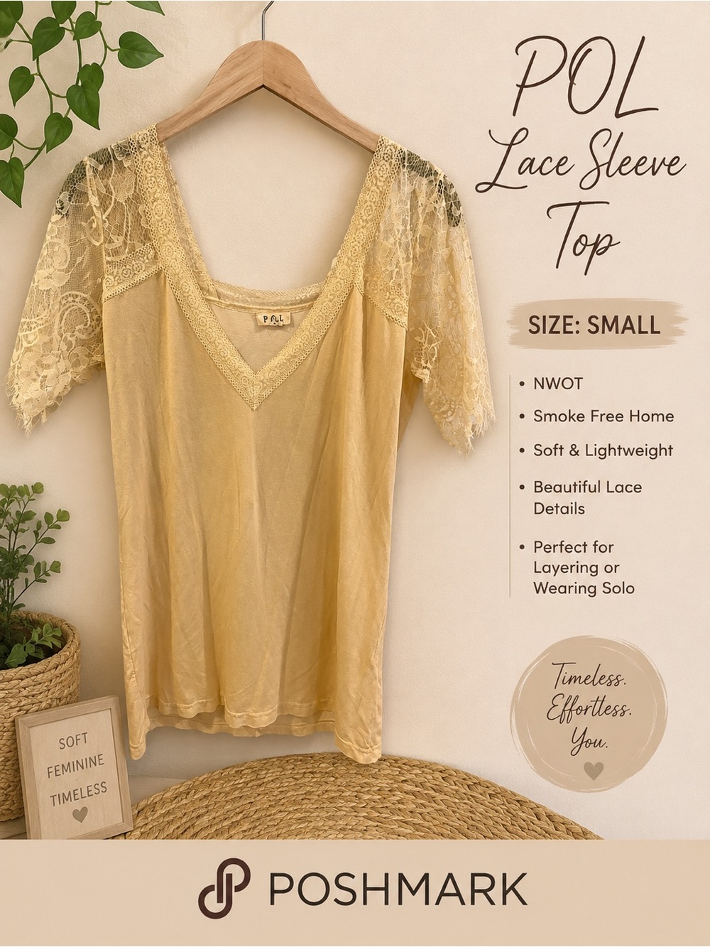 POL Lace-Sleeve V-Neck Camisole - Soft Yellow/cream NWOT